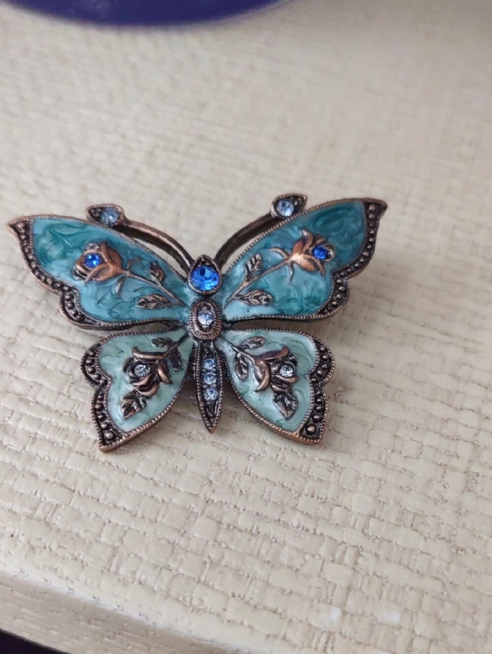 Blue Enamel Butterfly Brooch with Crystal Accents